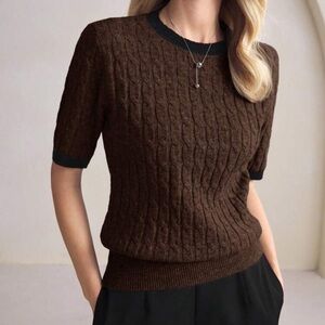 SHEIN Brown Cable Knit Short Sleeve Sweater